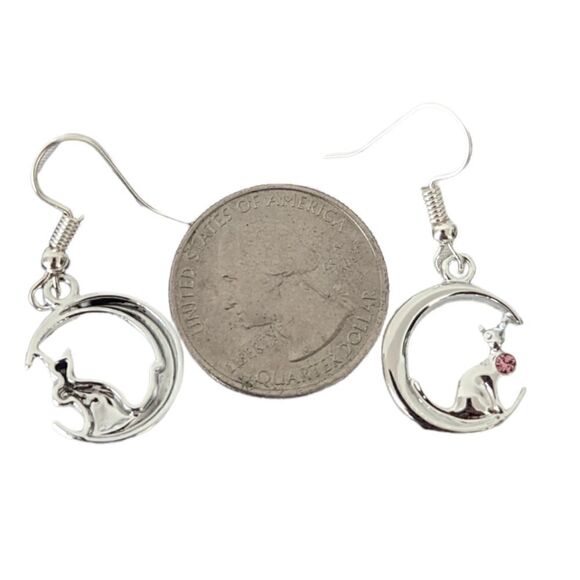 Cat Moon Pink Rhinestone Earrings - Picture 2 of 4